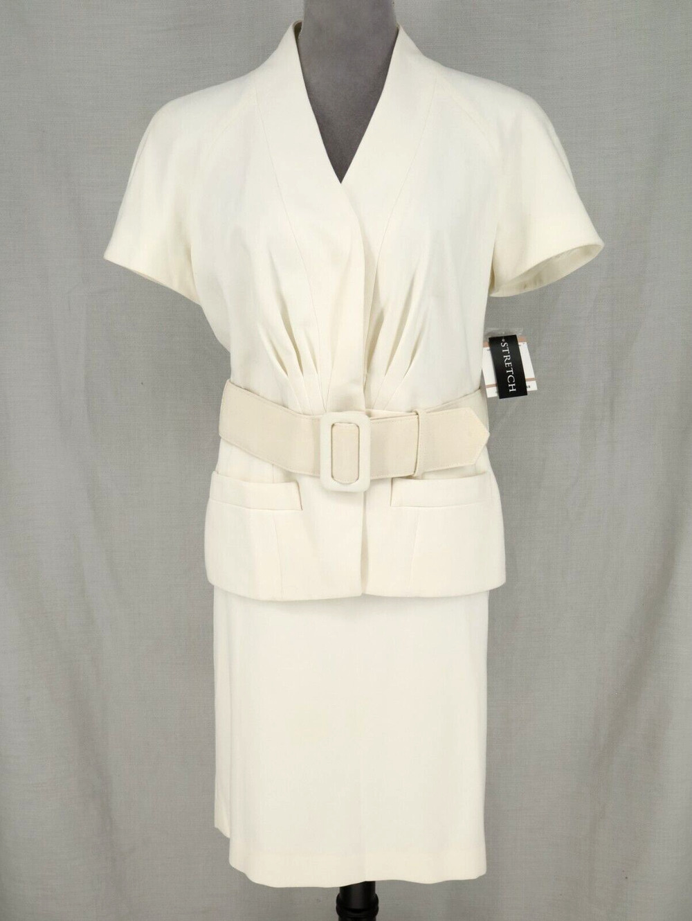 Anne Klein Skirt Suit Petites 12P Ivory Lined Stretch Belted Coastal Career New